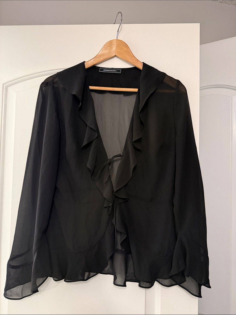 Sheer Black Ruffle Tie-Front Blouse